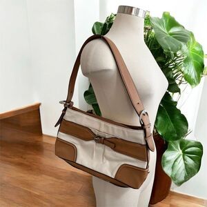 Etienne Aigner Canvas Leather Clutch Shoulder Bag Purse Cream Tan baguette